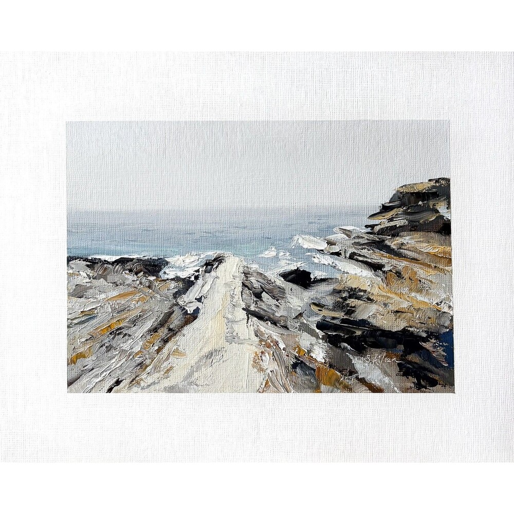 8x10 Maine Original Oil Landscape Painting Rocky Coast Calm Neutral Ocean Signed
